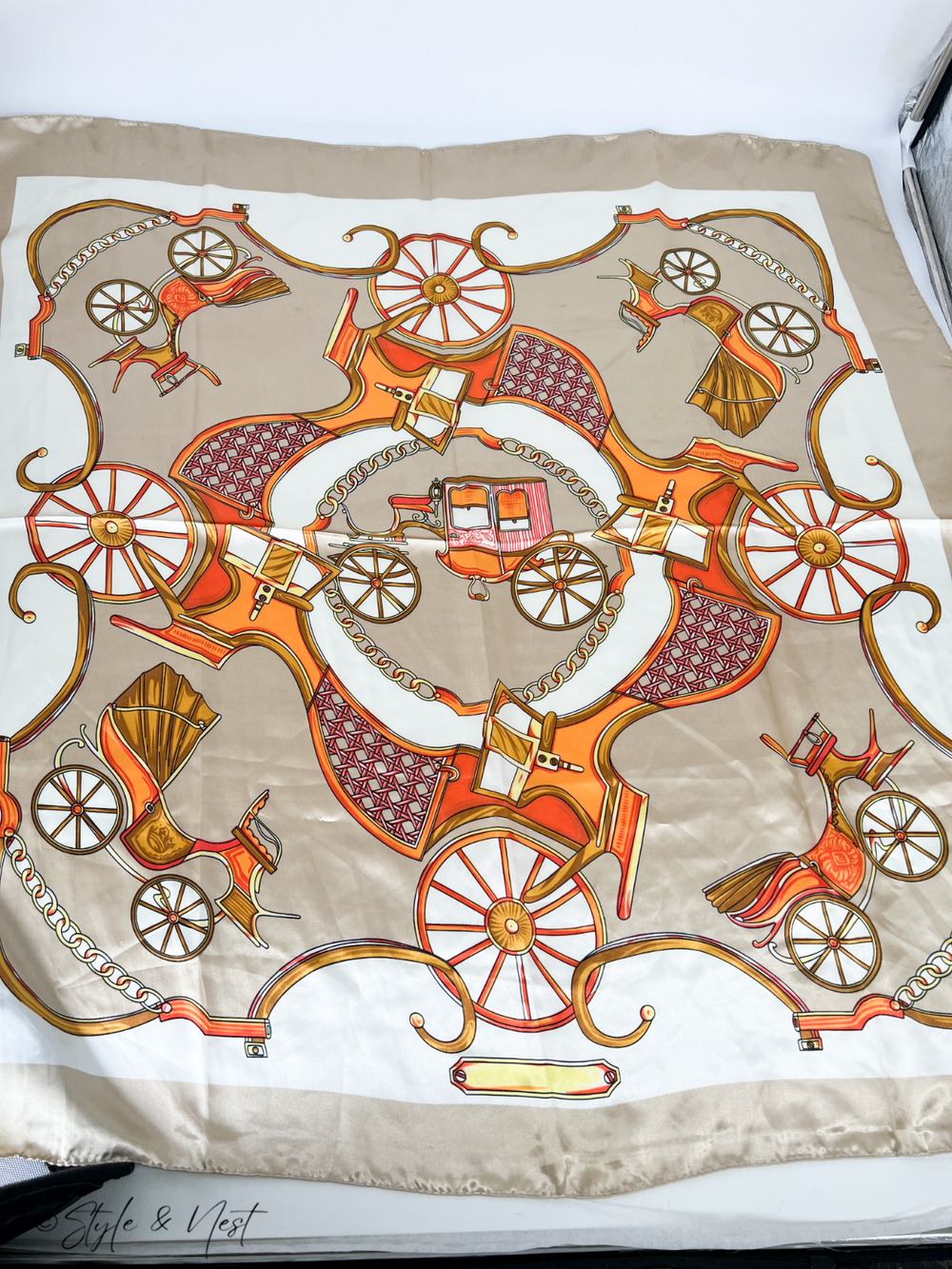 MOSI Vintage Horse Carriage Satin Scarf Equestrian Print Womens